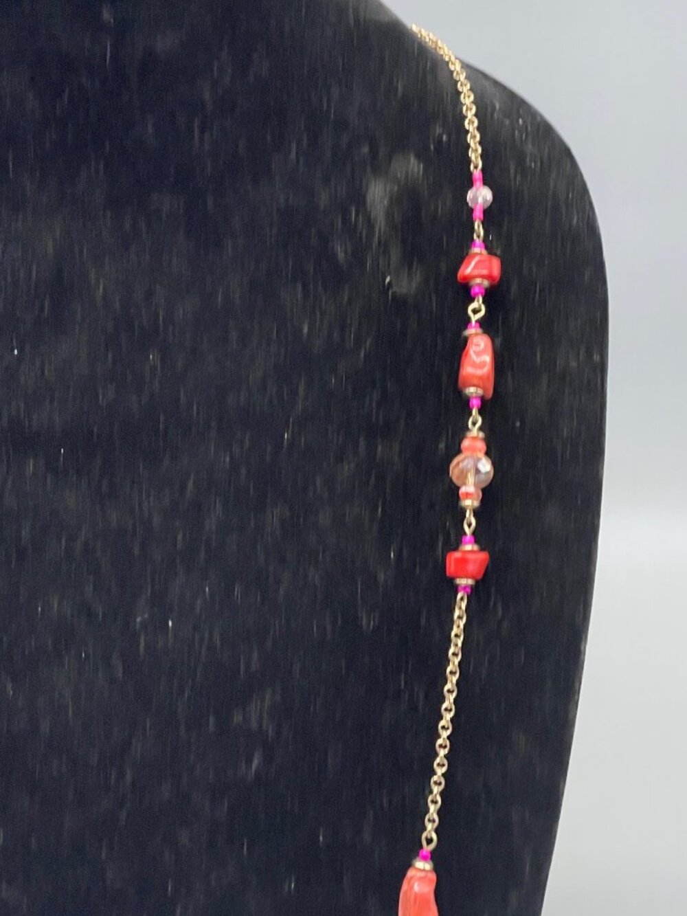 Necklace chain stones beads big clip pink red clear length 40" READ - Picture 3 of 8